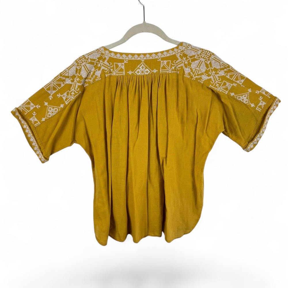 Sundance Mustard Yellow Embroidered Cotton Gauze Button Up Top Oversized XL Boho - Picture 2 of 8